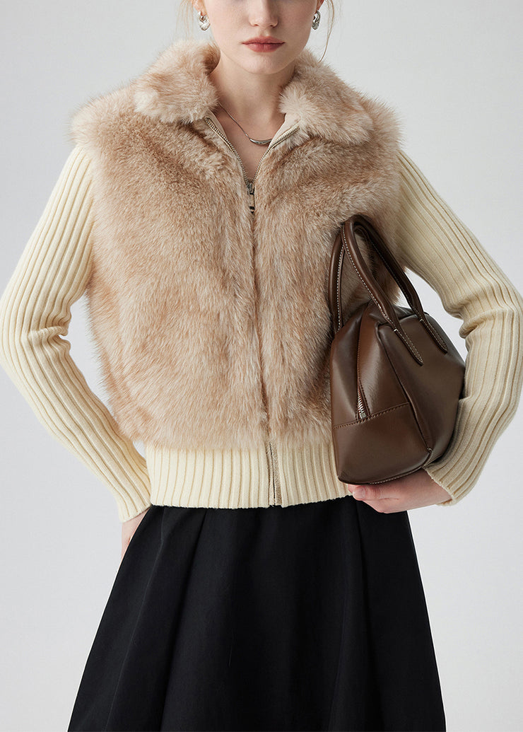 Chic Beige Zip Up Patchwork Faux Fox Fur Knit Coat Winter