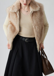 Chic Beige Zip Up Patchwork Faux Fox Fur Knit Coat Winter