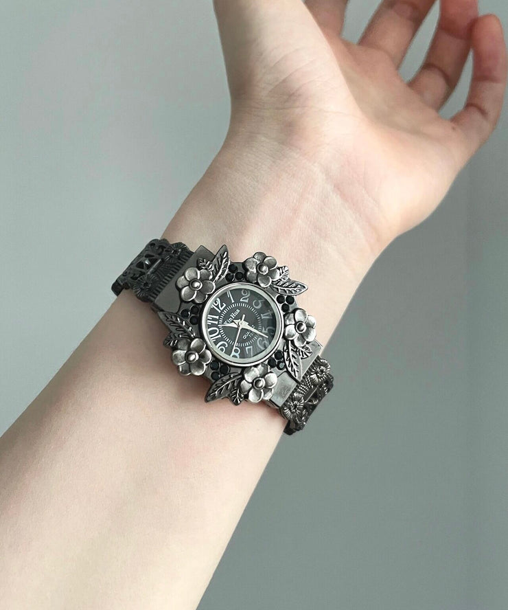 Chic Black Alloy Relief Flowers Watches