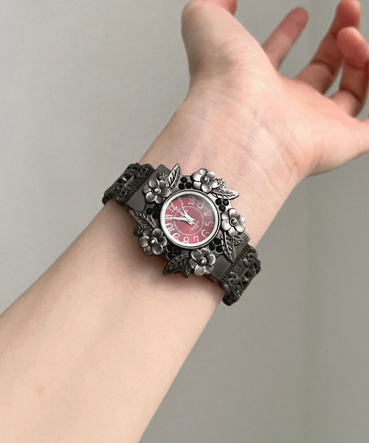 Chic Black Alloy Relief Flowers Watches