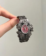 Chic Black Alloy Relief Flowers Watches