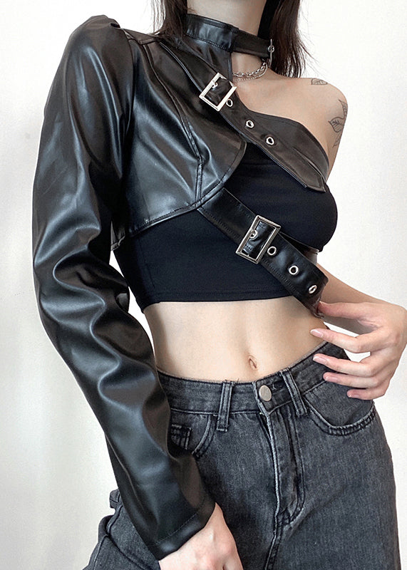 Chic Black Asymmetrical Original Design Faux Leather Coats Spring