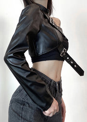 Chic Black Asymmetrical Original Design Faux Leather Coats Spring