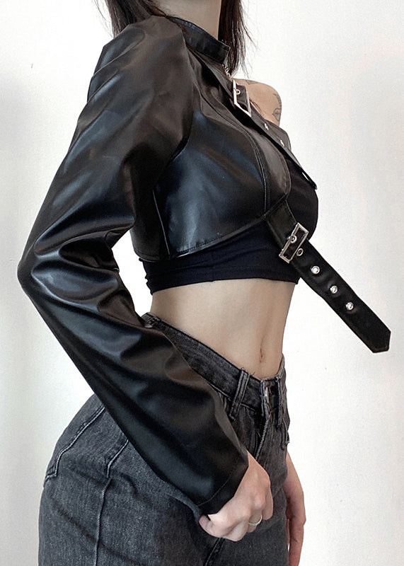 Chic Black Asymmetrical Original Design Faux Leather Coats Spring