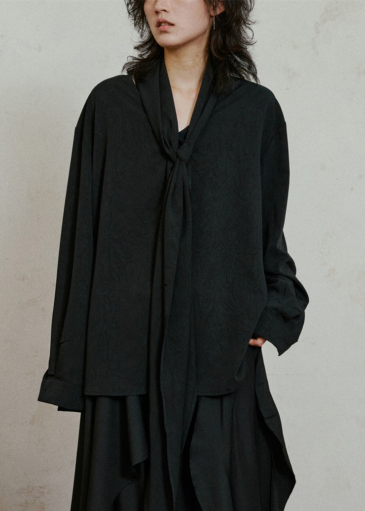 Chic Black Asymmetrical Patchwork Draping Shirt Fall