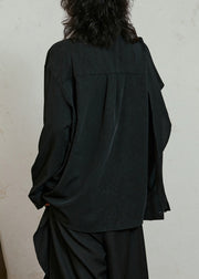 Chic Black Asymmetrical Patchwork Draping Shirt Fall
