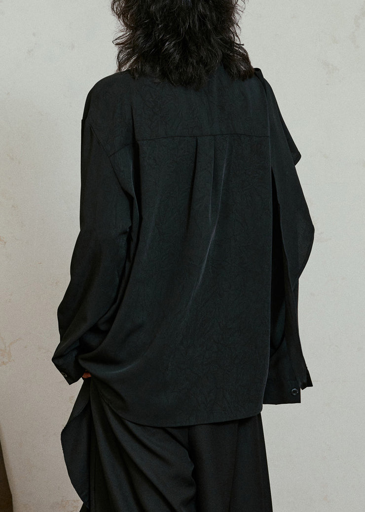 Chic Black Asymmetrical Patchwork Draping Shirt Fall