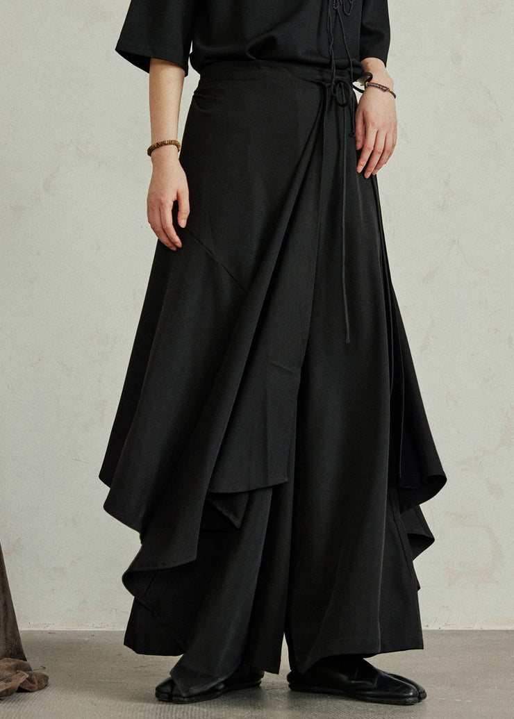 Chic Black Asymmetrical Pockets Patchwork Elastic Waist Pants Skirt