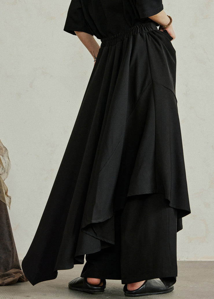Chic Black Asymmetrical Pockets Patchwork Elastic Waist Pants Skirt