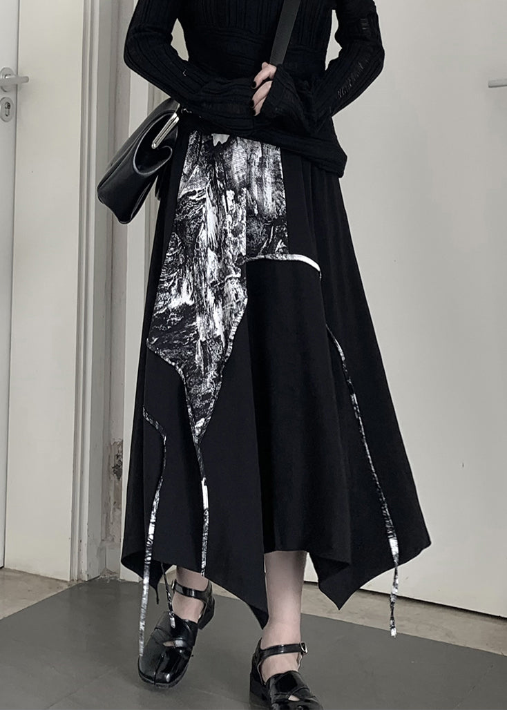 Chic Black Asymmetrical Print Cotton A Line Skirt Spring
