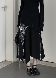 Chic Black Asymmetrical Print Cotton A Line Skirt Spring