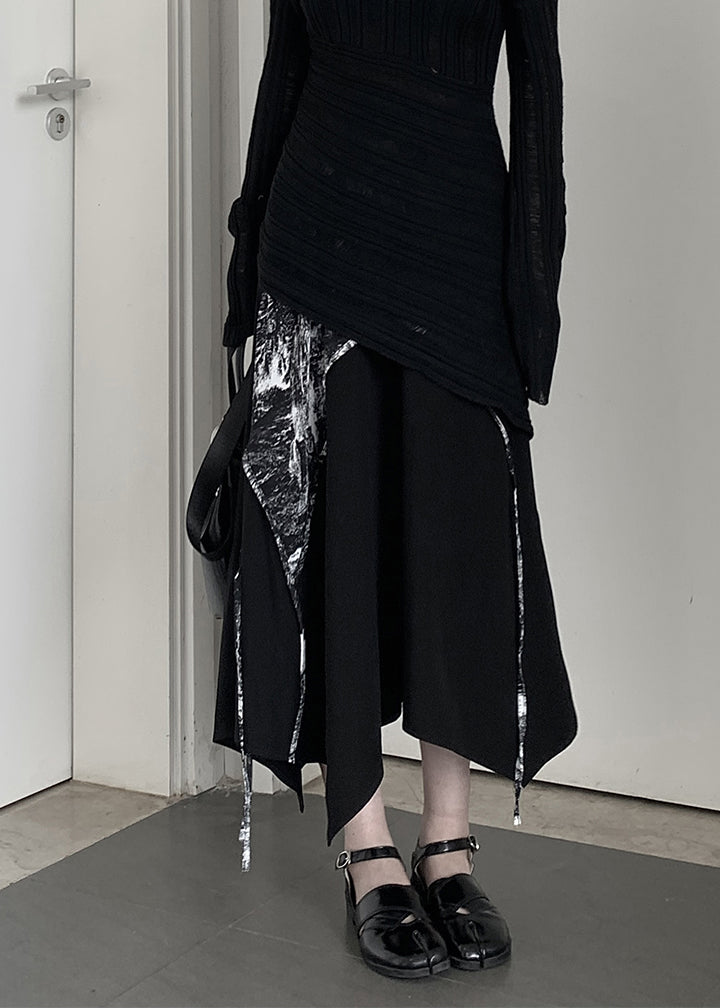 Chic Black Asymmetrical Print Cotton A Line Skirt Spring