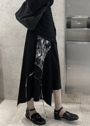 Chic Black Asymmetrical Print Cotton A Line Skirt Spring