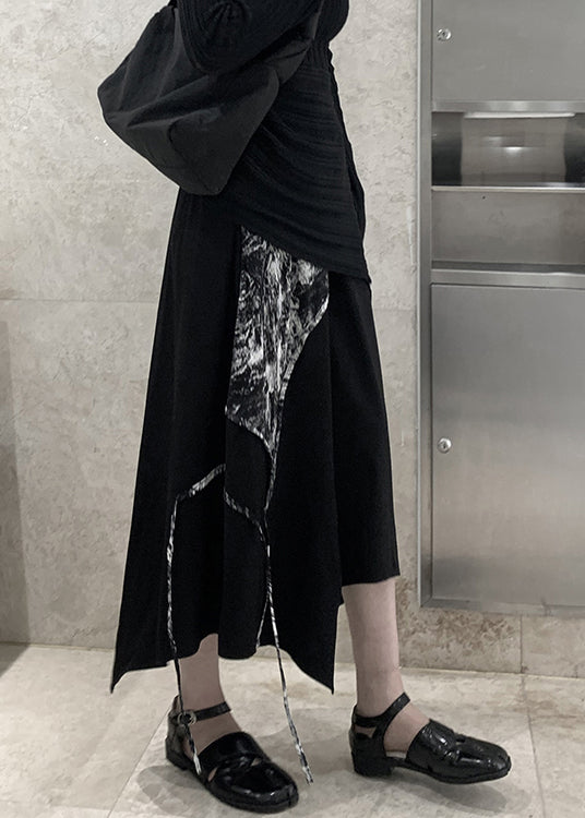 Chic Black Asymmetrical Print Cotton A Line Skirt Spring