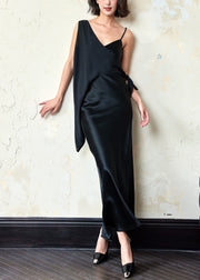 Chic Black Asymmetrical Side Open Silk Dresses Sleeveless