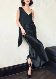 Chic Black Asymmetrical Side Open Silk Dresses Sleeveless