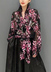 Chic Black Base Butterfly Floral Chiffon Shirt Tops Fall