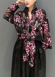 Chic Black Base Butterfly Floral Chiffon Shirt Tops Fall