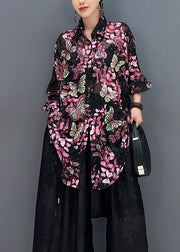 Chic Black Base Butterfly Floral Chiffon Shirt Tops Fall