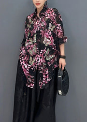 Chic Black Base Butterfly Floral Chiffon Shirt Tops Fall