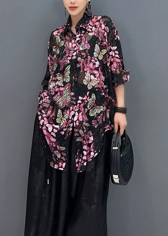 Chic Black Base Butterfly Floral Chiffon Shirt Tops Fall
