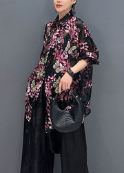 Chic Black Base Butterfly Floral Chiffon Shirt Tops Fall