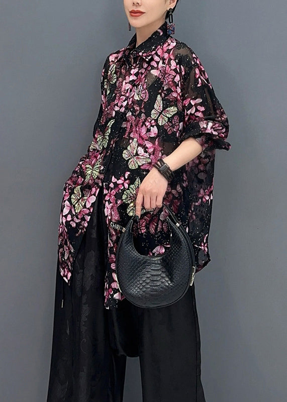 Chic Black Base Butterfly Floral Chiffon Shirt Tops Fall