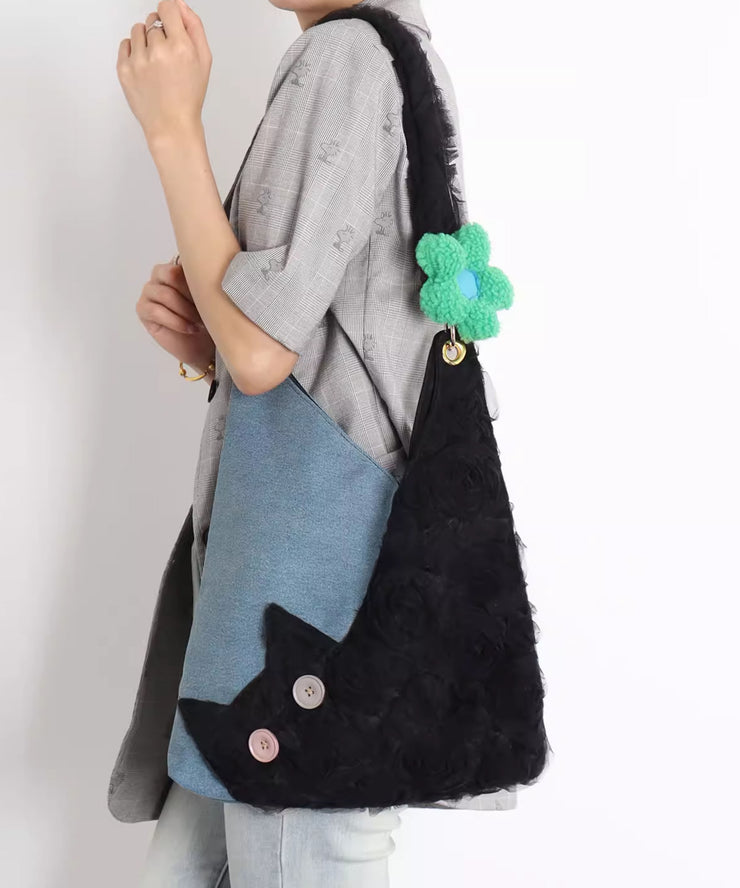 Chic Black Cat Patchwork Flower Shoulder Bags