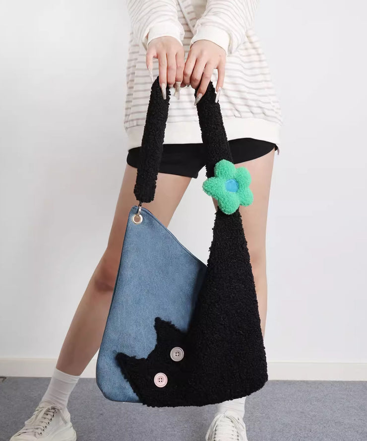 Chic Black Cat Patchwork Flower Shoulder Bags