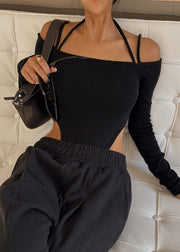 Chic Black Cold Shoulder Halter Cami Bodysuit