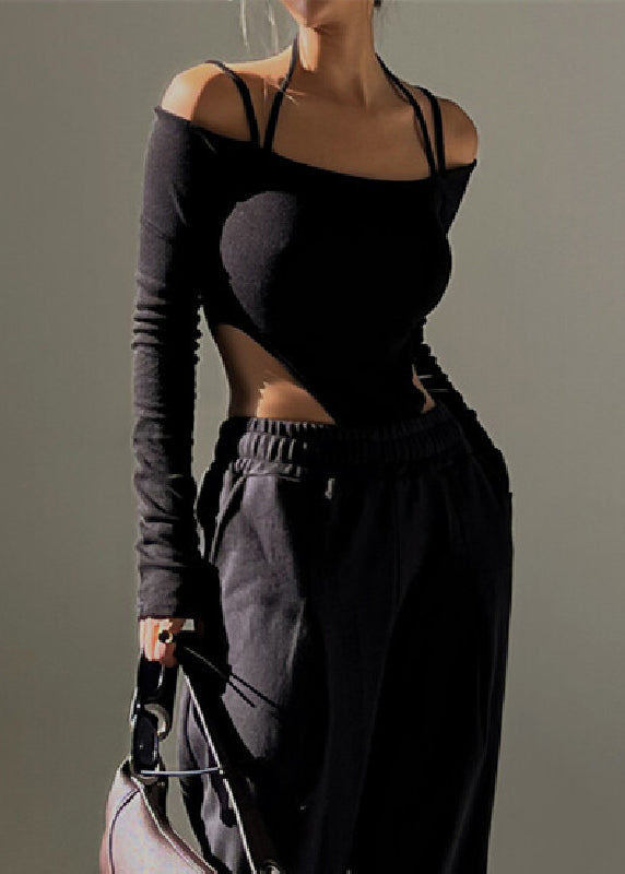 Chic Black Cold Shoulder Halter Cami Bodysuit