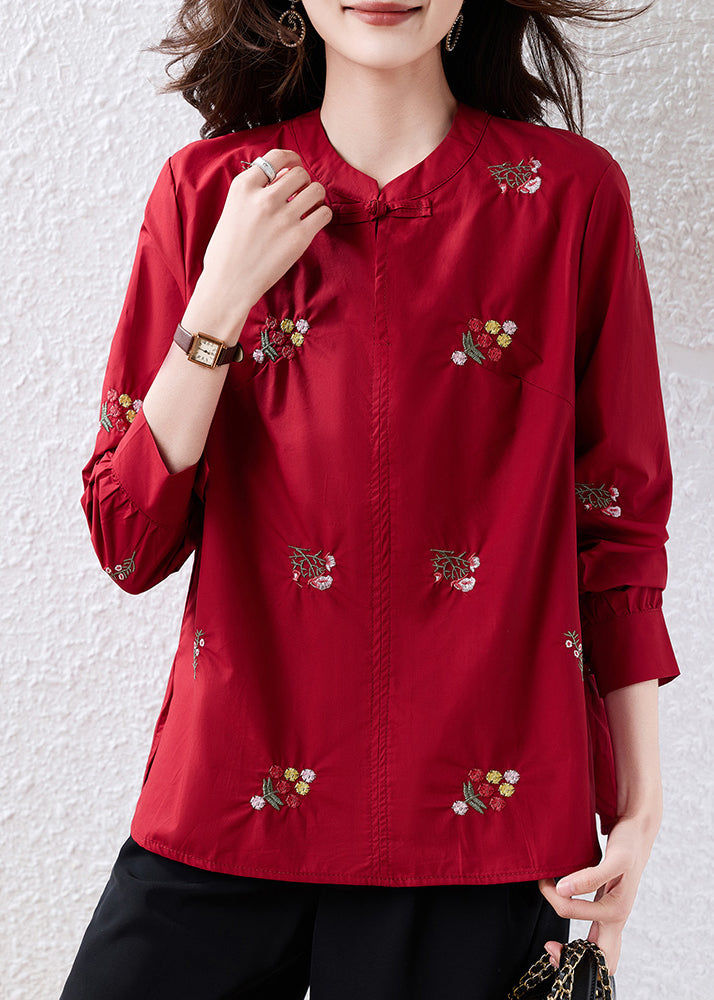 Chic Black Embroidered Chinese Button Cotton Shirt Top Fall