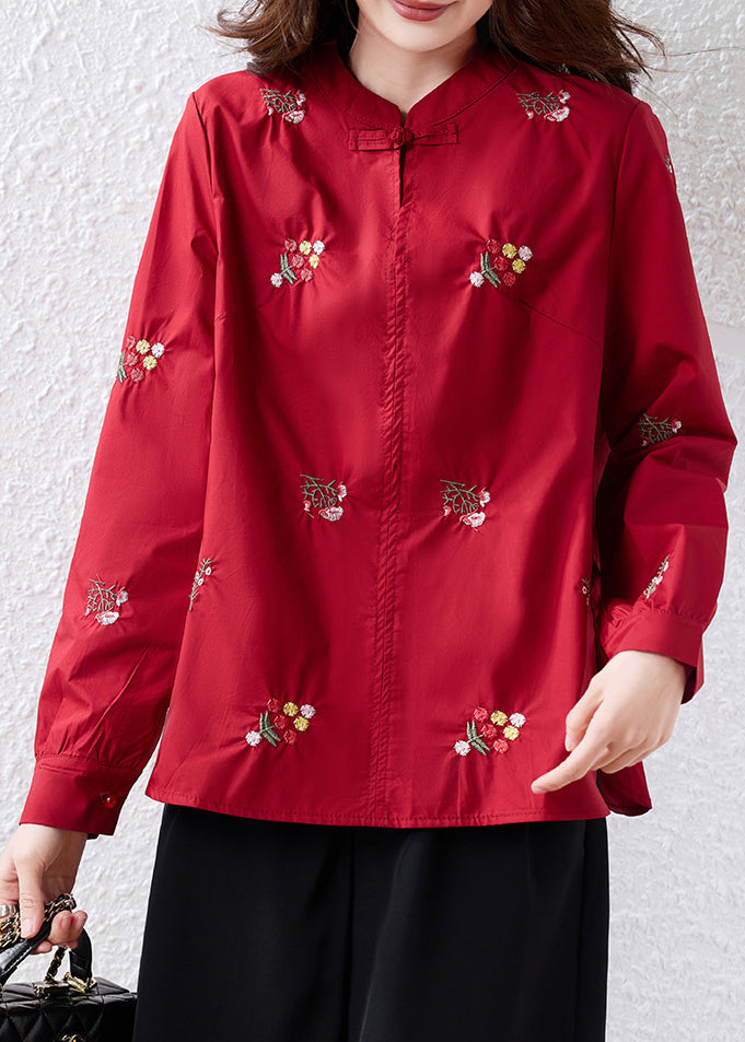 Chic Black Embroidered Chinese Button Cotton Shirt Top Fall