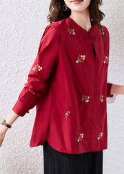 Chic Black Embroidered Chinese Button Cotton Shirt Top Fall