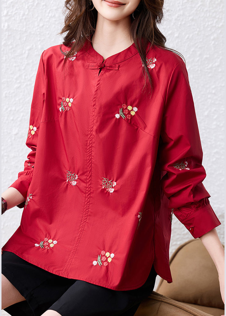 Chic Black Embroidered Chinese Button Cotton Shirt Top Fall