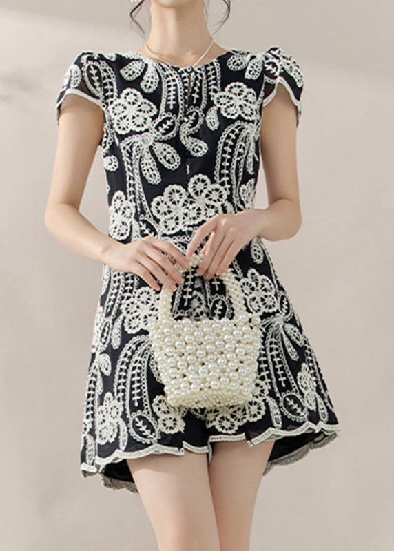 Chic Black Embroidered Side Open Top And Shorts Two Piece Set Summer