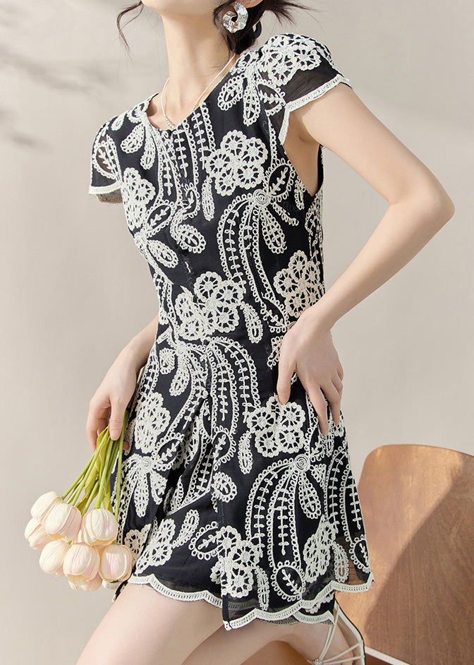 Chic Black Embroidered Side Open Top And Shorts Two Piece Set Summer