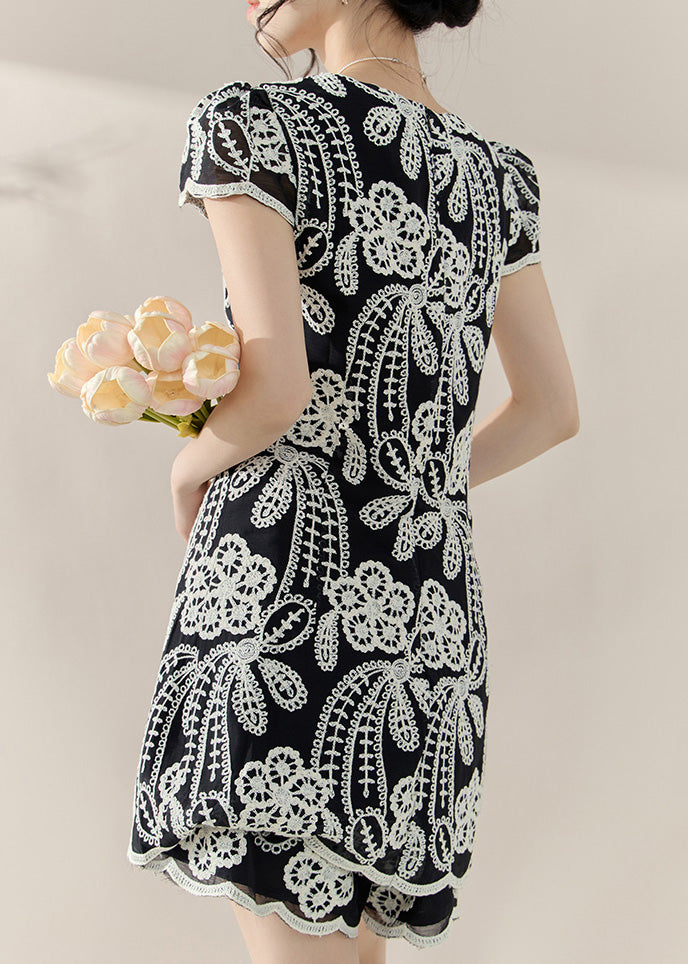 Chic Black Embroidered Side Open Top And Shorts Two Piece Set Summer