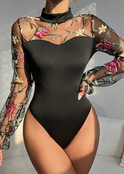 Chic Black Embroideried Hollow Out Tulle Bodysuit