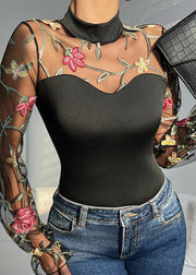 Chic Black Embroideried Hollow Out Tulle Bodysuit