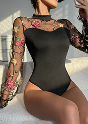 Chic Black Embroideried Hollow Out Tulle Bodysuit