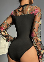 Chic Black Embroideried Hollow Out Tulle Bodysuit