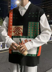 Chic Black Embroideried Patchwork Knit Men Waistcoat Sleeveless
