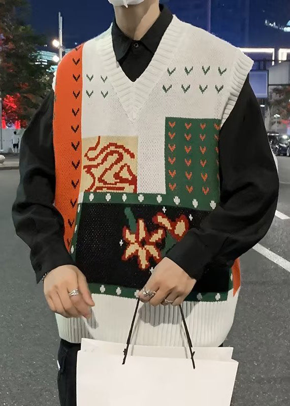 Chic Black Embroideried Patchwork Knit Men Waistcoat Sleeveless
