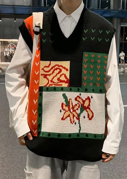 Chic Black Embroideried Patchwork Knit Men Waistcoat Sleeveless