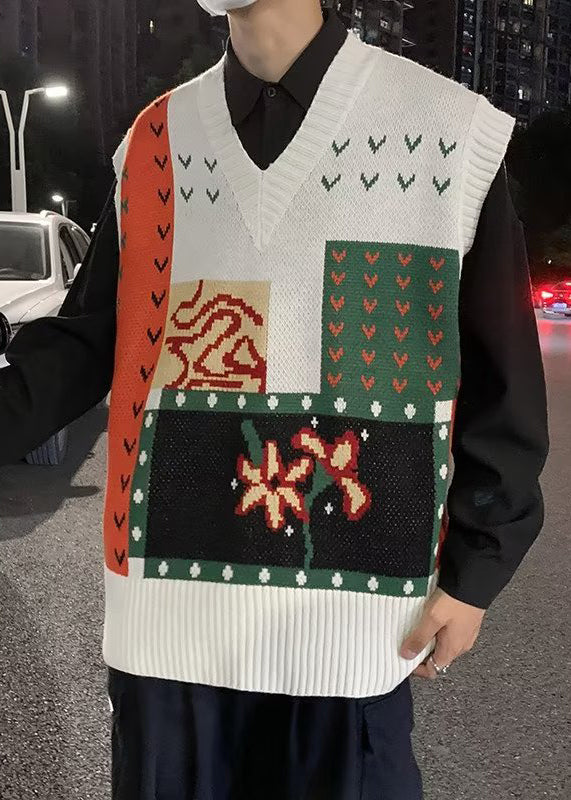 Chic Black Embroideried Patchwork Knit Men Waistcoat Sleeveless