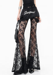 Chic Black False Two Pieces Patchwork Lace Flared Trousers Summer