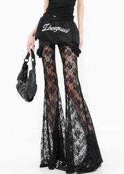 Chic Black False Two Pieces Patchwork Lace Flared Trousers Summer