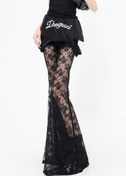 Chic Black False Two Pieces Patchwork Lace Flared Trousers Summer