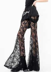 Chic Black False Two Pieces Patchwork Lace Flared Trousers Summer